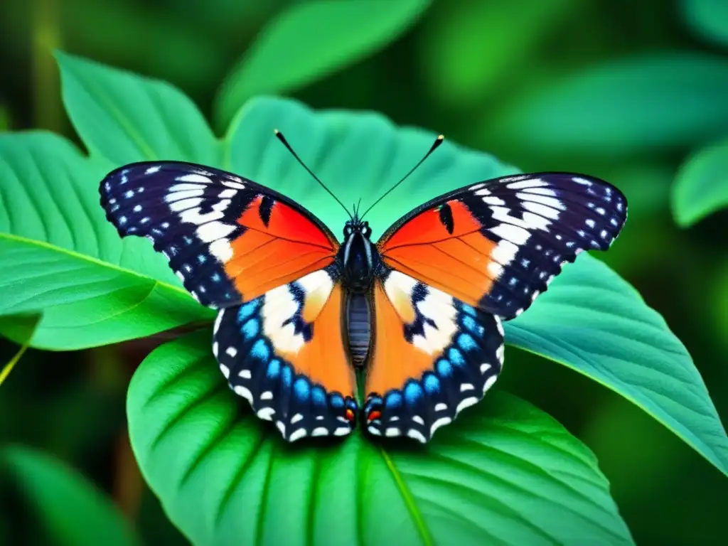 Mariposa delicada posada en una hoja, con patrones intrincados y colores vibrantes de la naturaleza