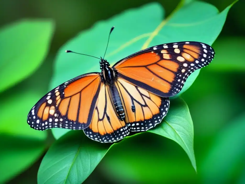 Una mariposa monarca delicada en una hoja verde, detallando sus alas y destacando el impacto del movimiento zero waste