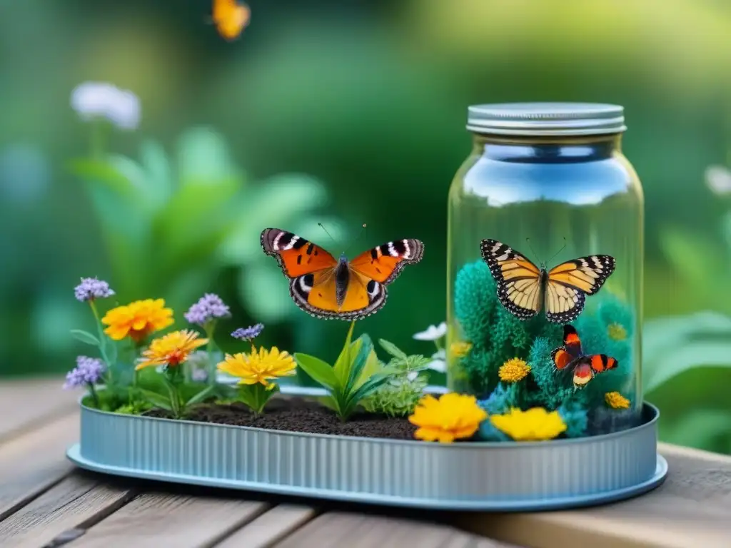 Un jardín de mariposas hecho con materiales reciclados, resaltando la belleza de proyectos zero waste en casa