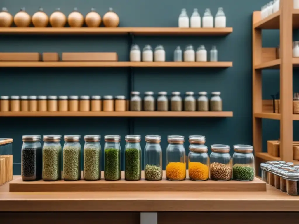 Marketing productos zero waste sostenible: Vitrina moderna con utensilios de bambú, pajitas metálicas reutilizables y envases de vidrio