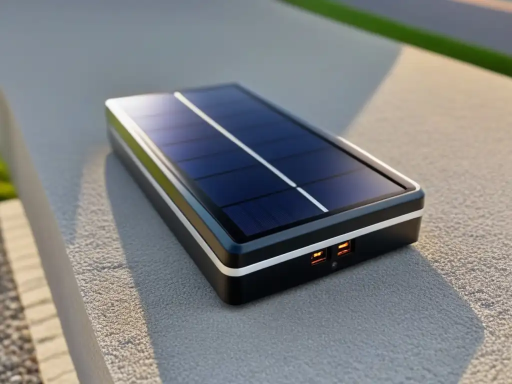 Uno de los mejores cargadores solares para vehículos eléctricos en negro, con pantalla digital y diseño minimalista en fondo blanco iluminado