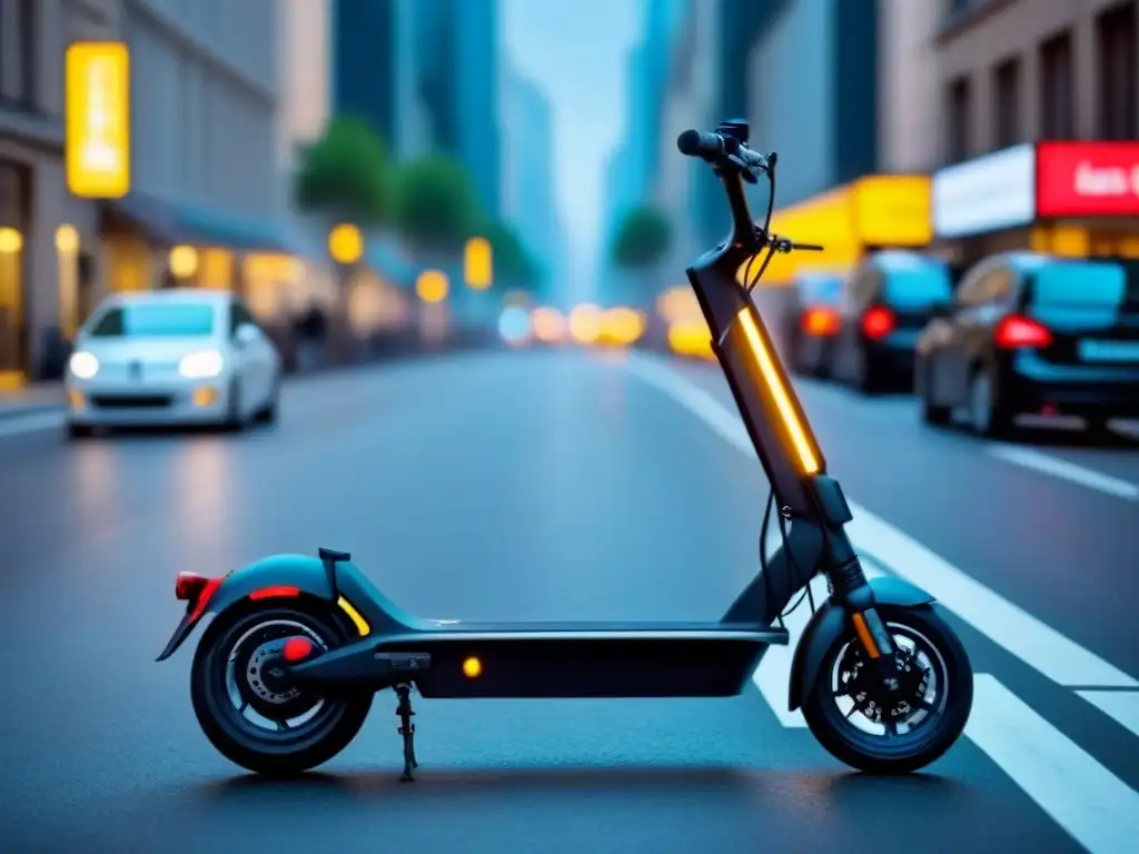 Uno de los mejores scooters eléctricos sostenibles personalizado con accesorios vibrantes en una ciudad bulliciosa