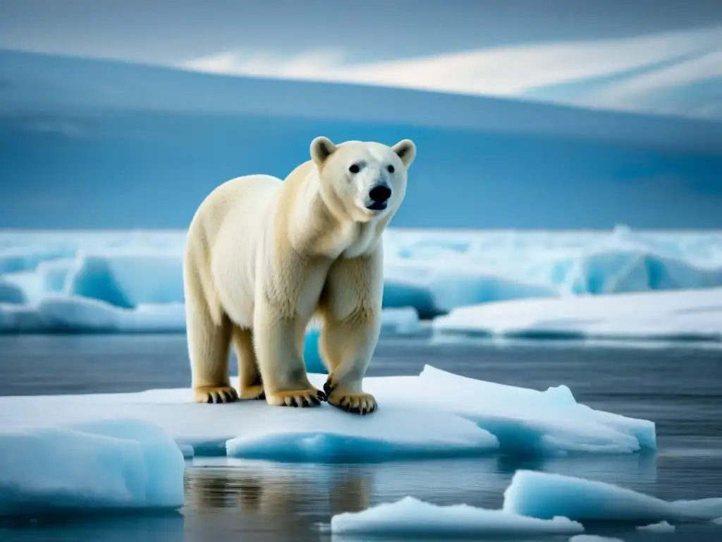 Melancólica imagen de un oso polar solitario en un iceberg derritiéndose, reflejando la lucha de la vida salvaje