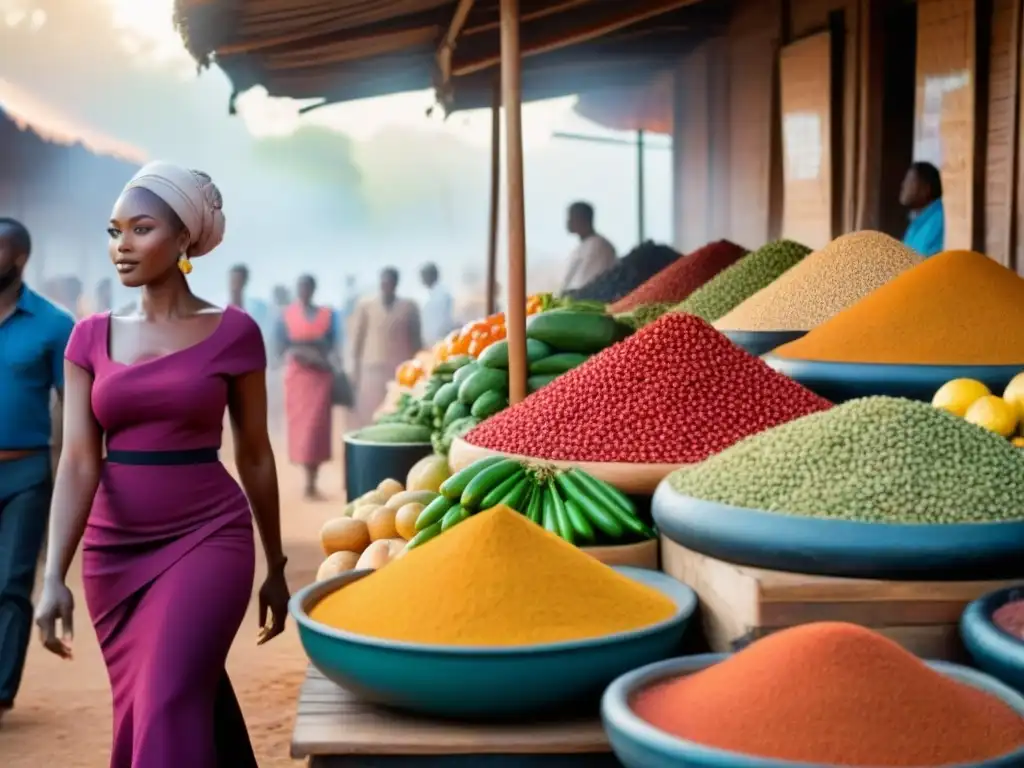 Mercado africano vibrante con alimentos frescos y coloridos para recetas internacionales zero waste