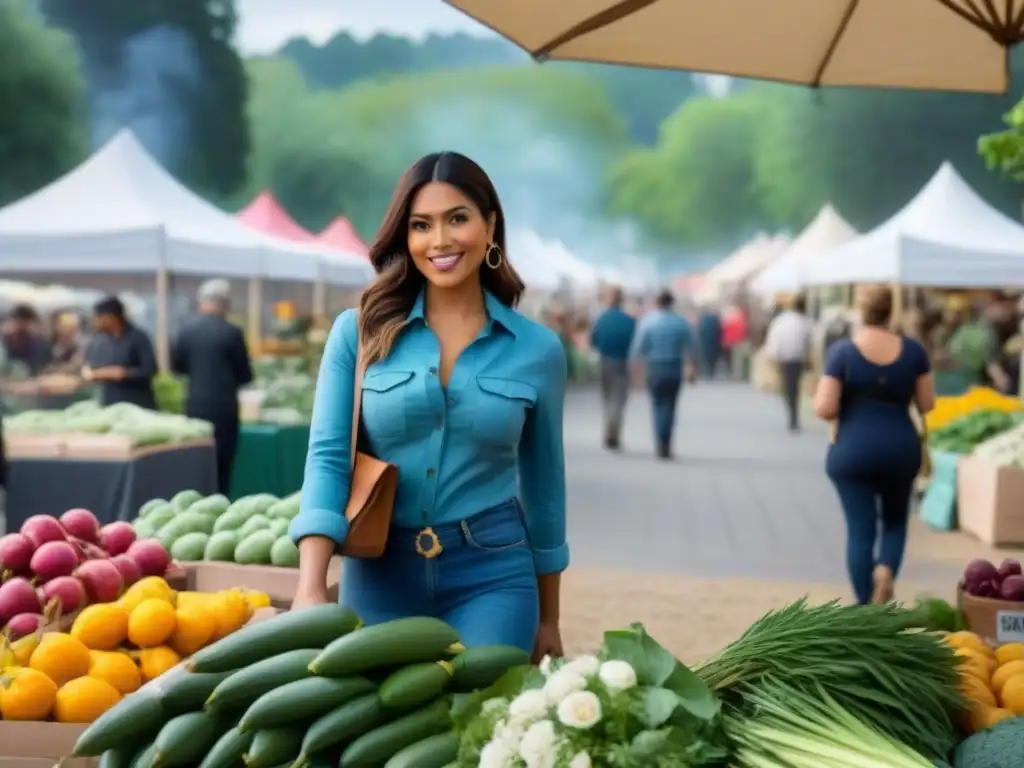 Un mercado de agricultores animado en una plaza comunitaria, rodeado de vegetación y promoviendo la economía verde