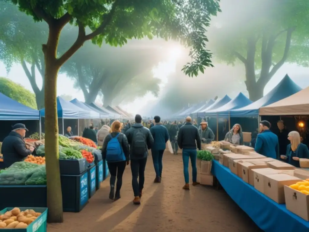 Un mercado al aire libre concurrido y sostenible en 8k, lleno de productos ecofriendly y diversidad, ambientado en 'Eventos Zero Waste 2022'