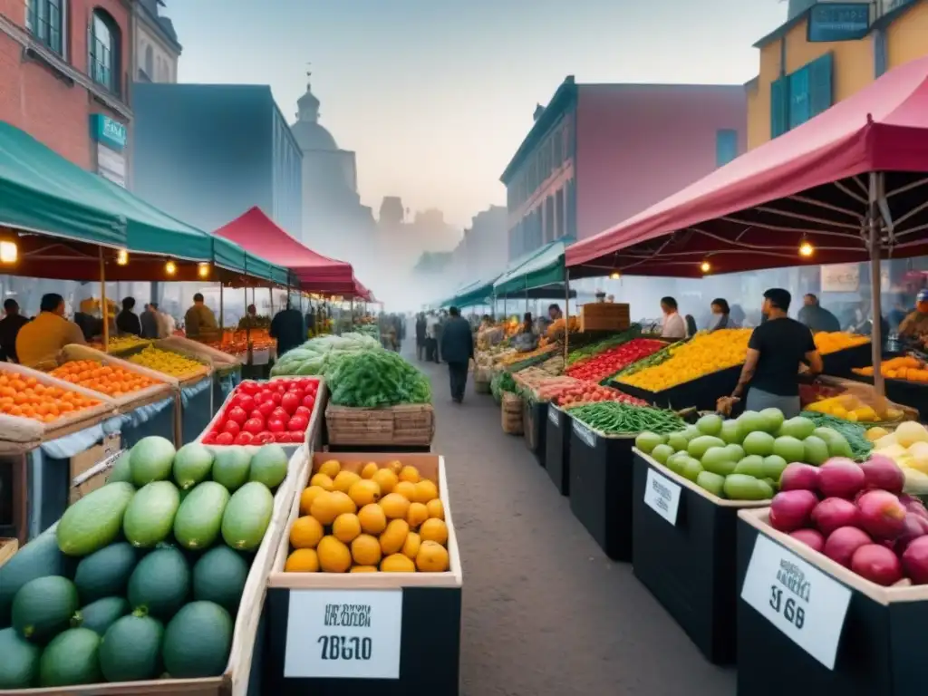 Mercado de alimentos sostenible con clientes y vendedores, promoviendo el análisis costos sector alimentos zero waste