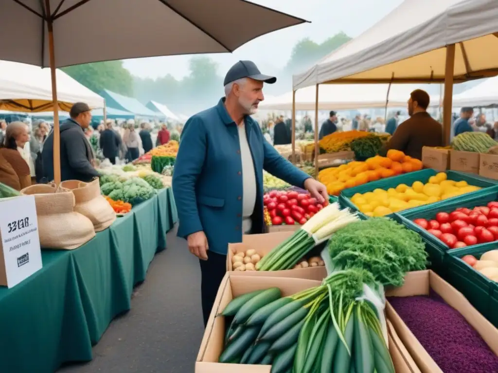 Un mercado agrícola bullicioso con compras sostenibles, diversidad de productos y clientes felices