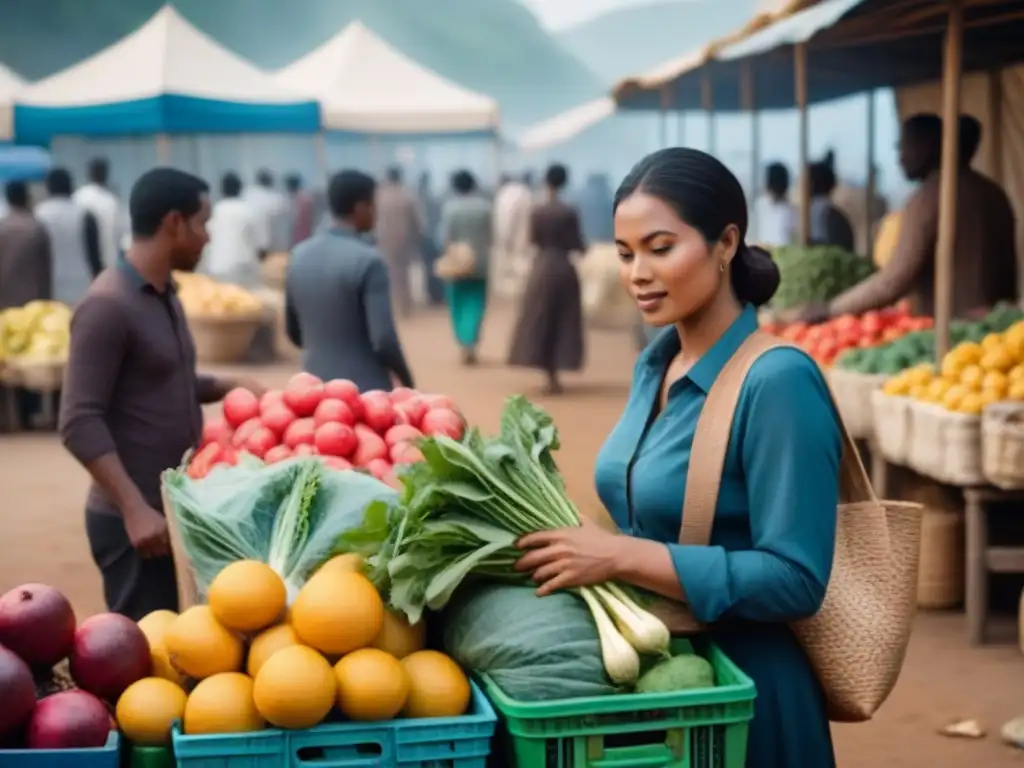 Mercado bullicioso en país en desarrollo, implementando estrategias zero waste países con frutas y verduras coloridas en cestas tradicionales