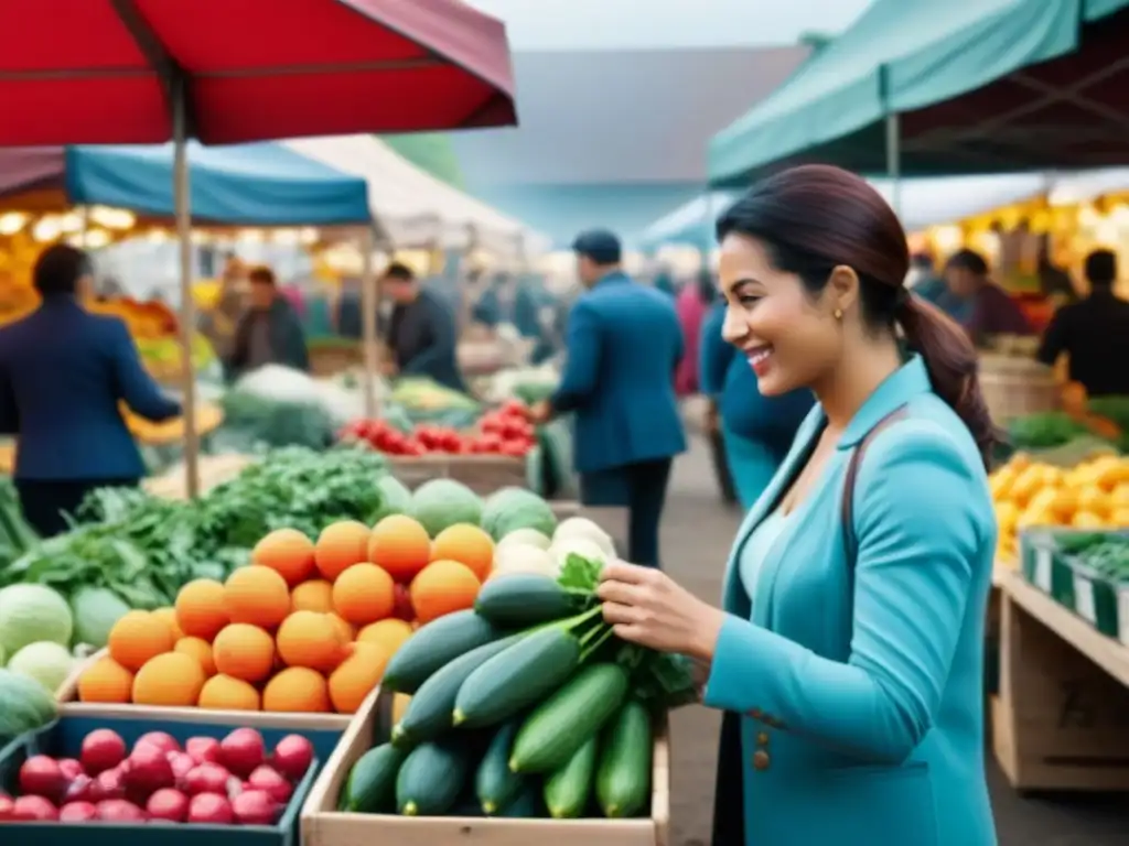 Un mercado agrícola bullicioso con puestos coloridos llenos de productos frescos y caseros