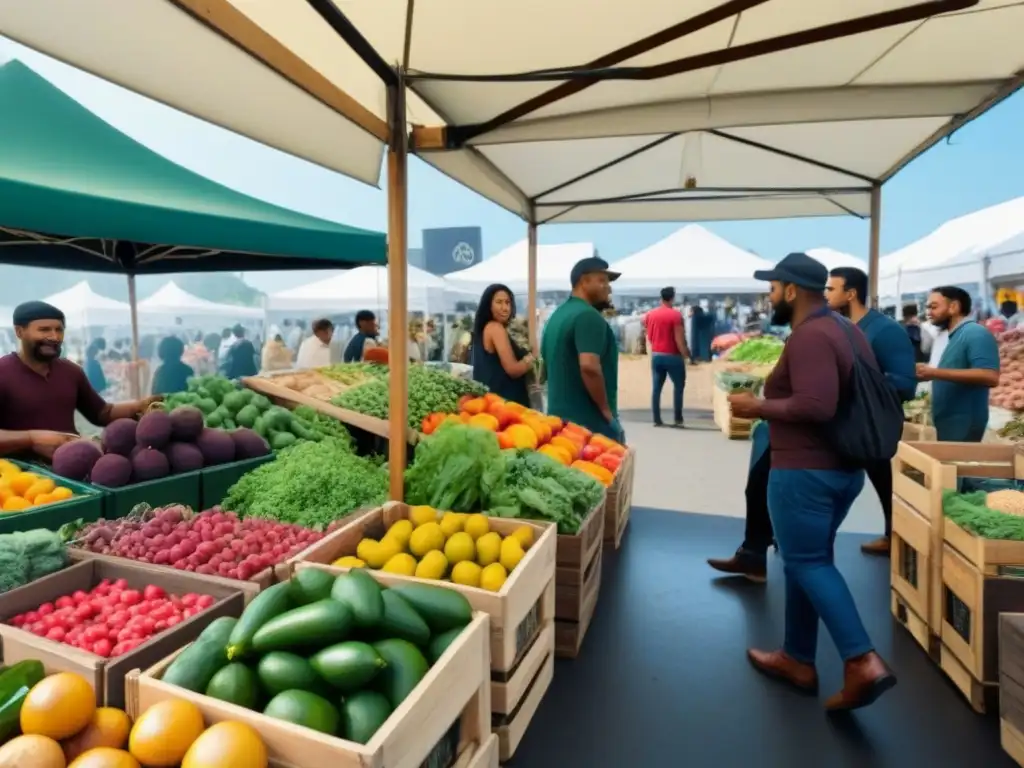 Mercado agrícola diverso y vibrante: escena detallada y colorida Un mercado agrícola diverso y vibrante, lleno de actividad y color, donde la comunidad disfruta de una dieta basada en plantas sostenible