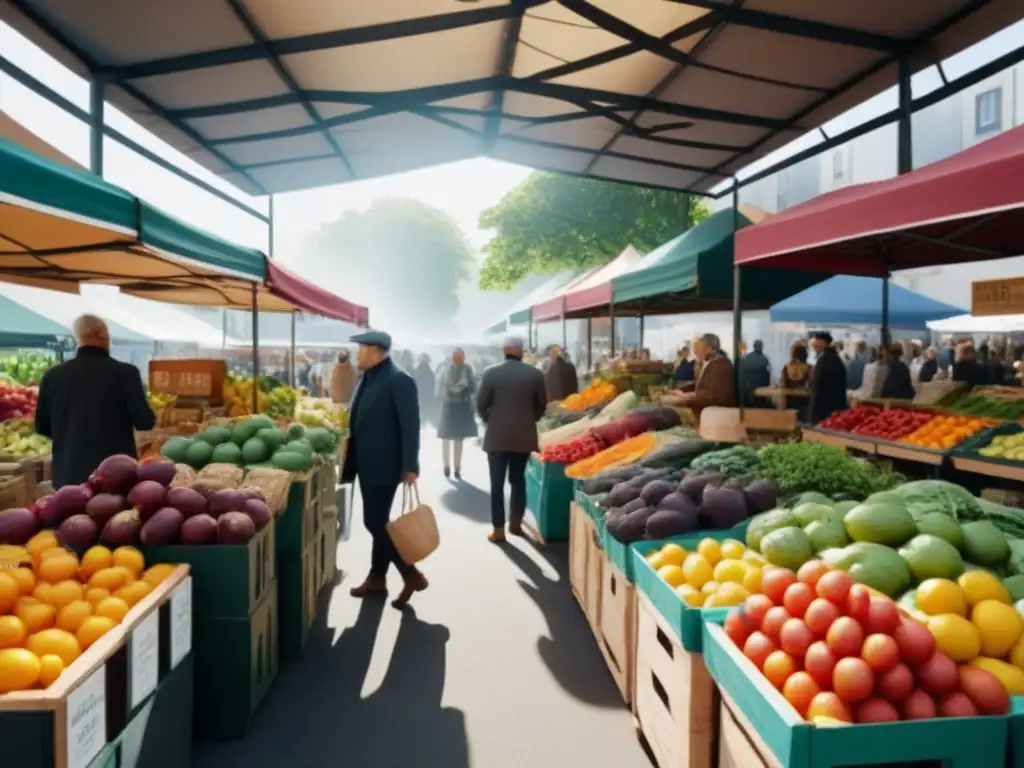 Un mercado ecológico bullicioso con personas diversas comprando productos orgánicos coloridos