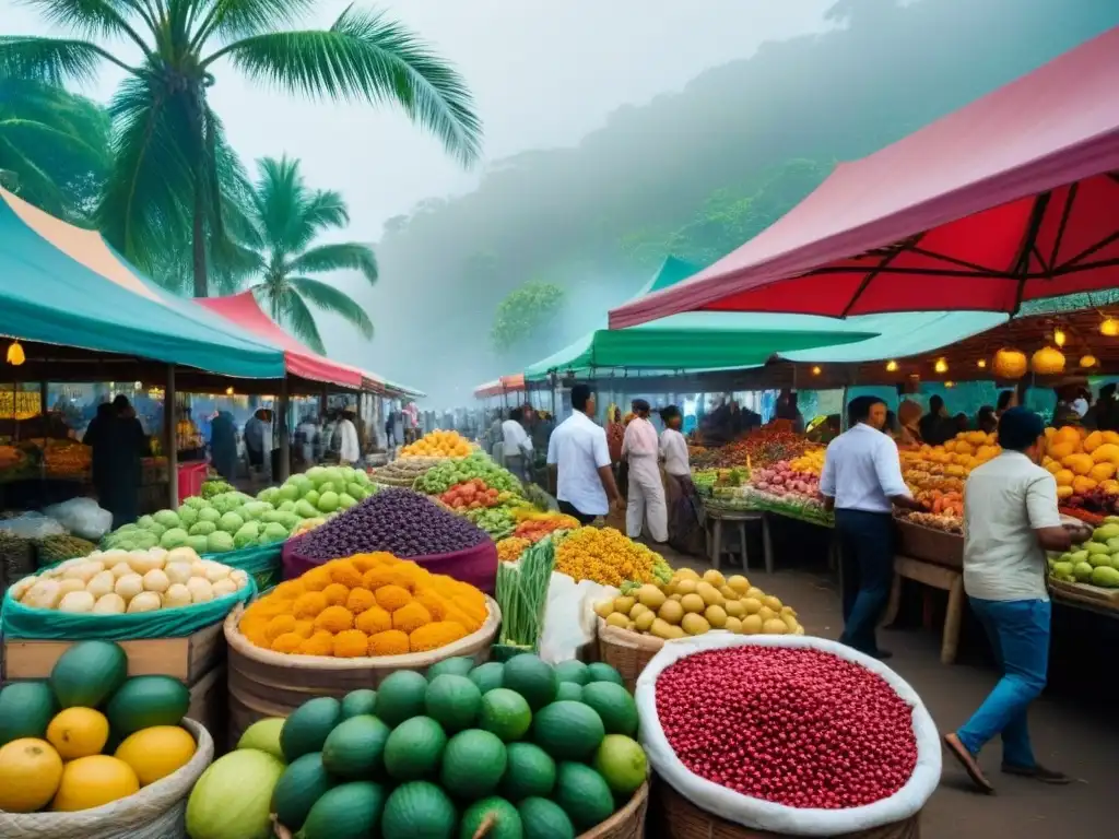 Un mercado exótico rebosante de vida y colores, bajo palmeras, con productos locales y turistas