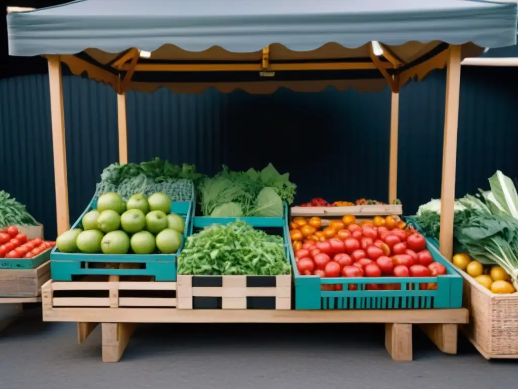 Un mercado de frutas y verduras orgánicas, vibrante y sin plástico