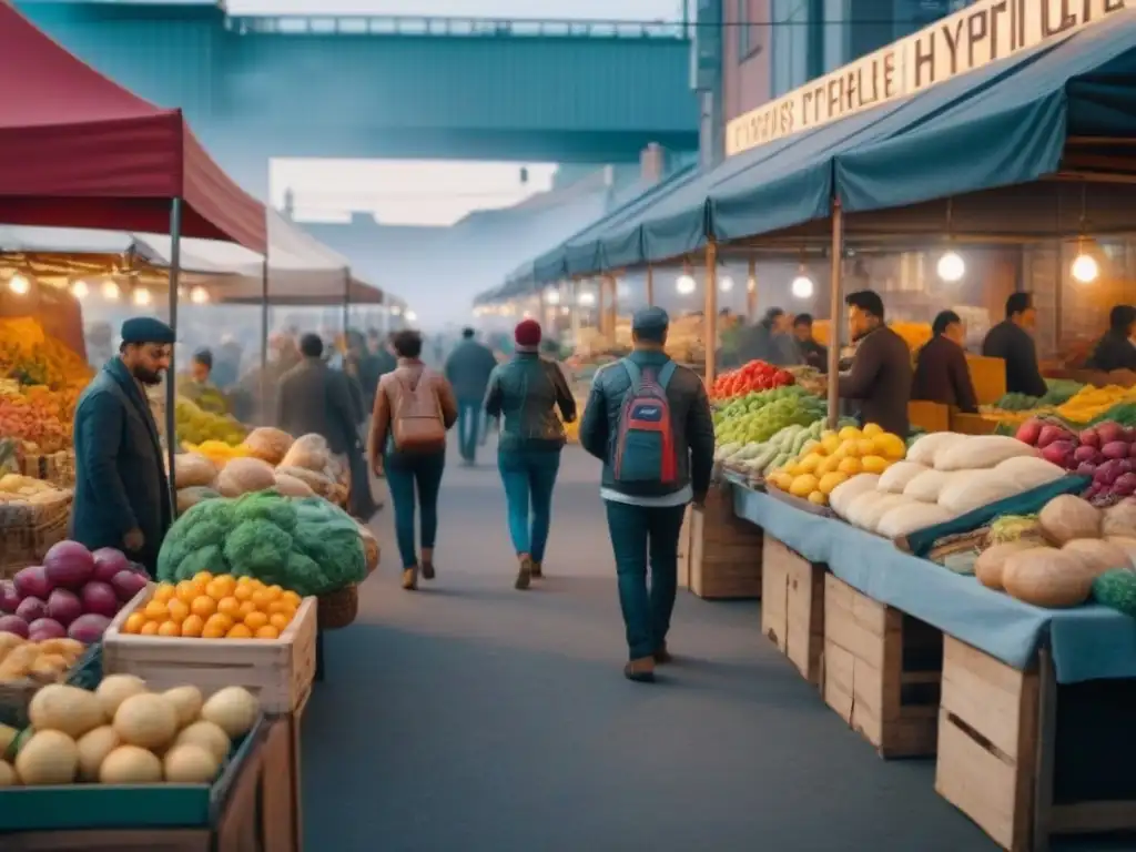 Un mercado lleno de vida con productos frescos y clientes felices, mostrando los beneficios de usar Too Good To Go en la industria alimentaria