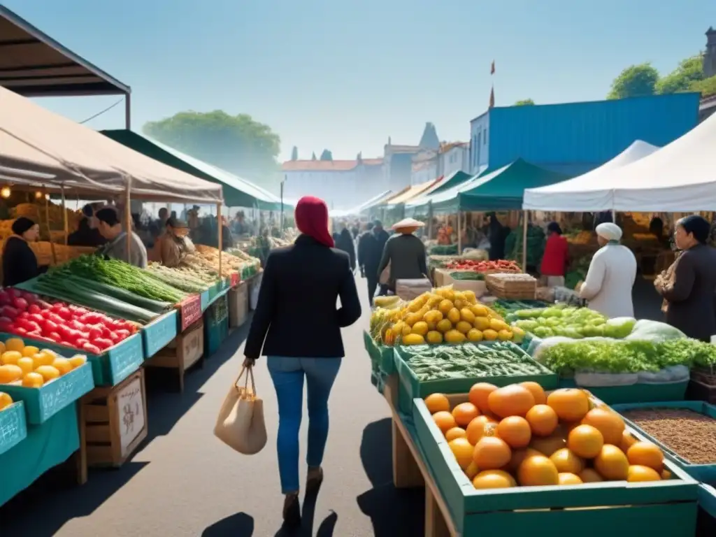 Un mercado local sostenible y zero waste, lleno de coloridas paradas de productos frescos y artesanías, bajo un cielo azul claro