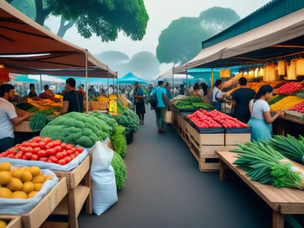 Mercado local sostenible con productos frescos en envases ecofriendly y compradores zero waste