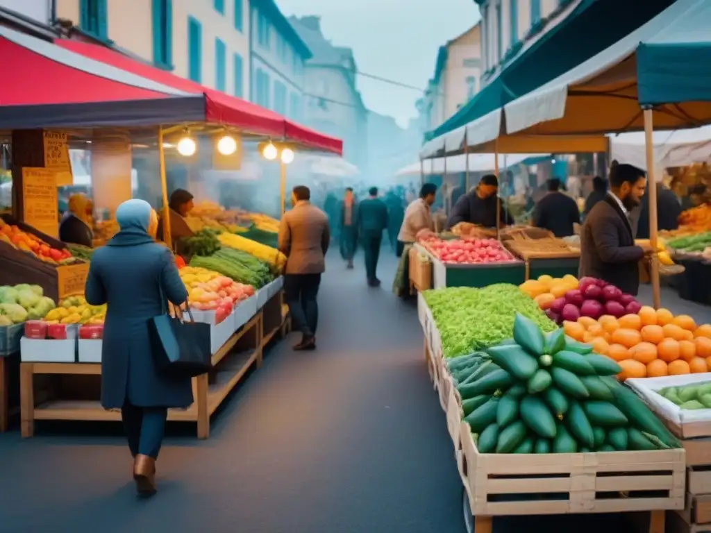 Un mercado local vibrante con productos orgánicos y negocios comprometidos zero waste