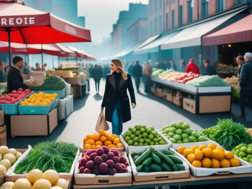 Un mercado local zero waste sostenible, con productos frescos en contenedores reutilizables y clientes felices