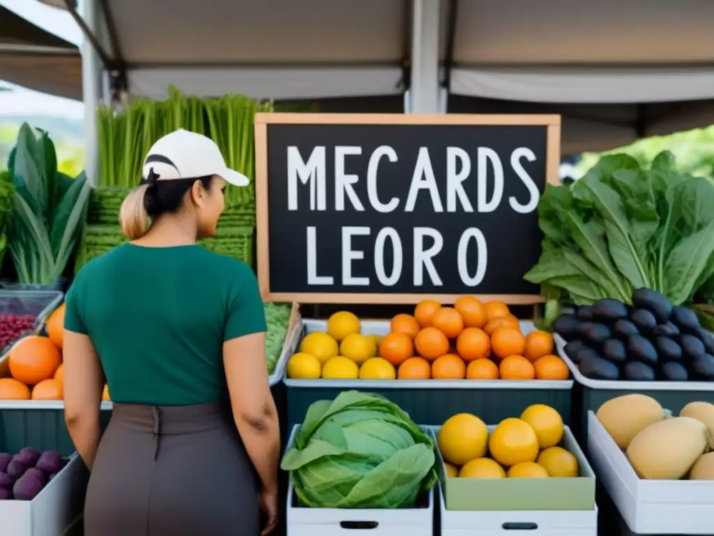 Un mercado local zero waste sostenible, donde la comunidad elige frutas y verduras frescas en envases ecológicos