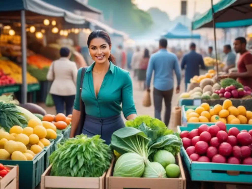 Mercado local zero waste sostenible: bullicio de colores y productos frescos, clientes con bolsas reutilizables y vendedores sin envases