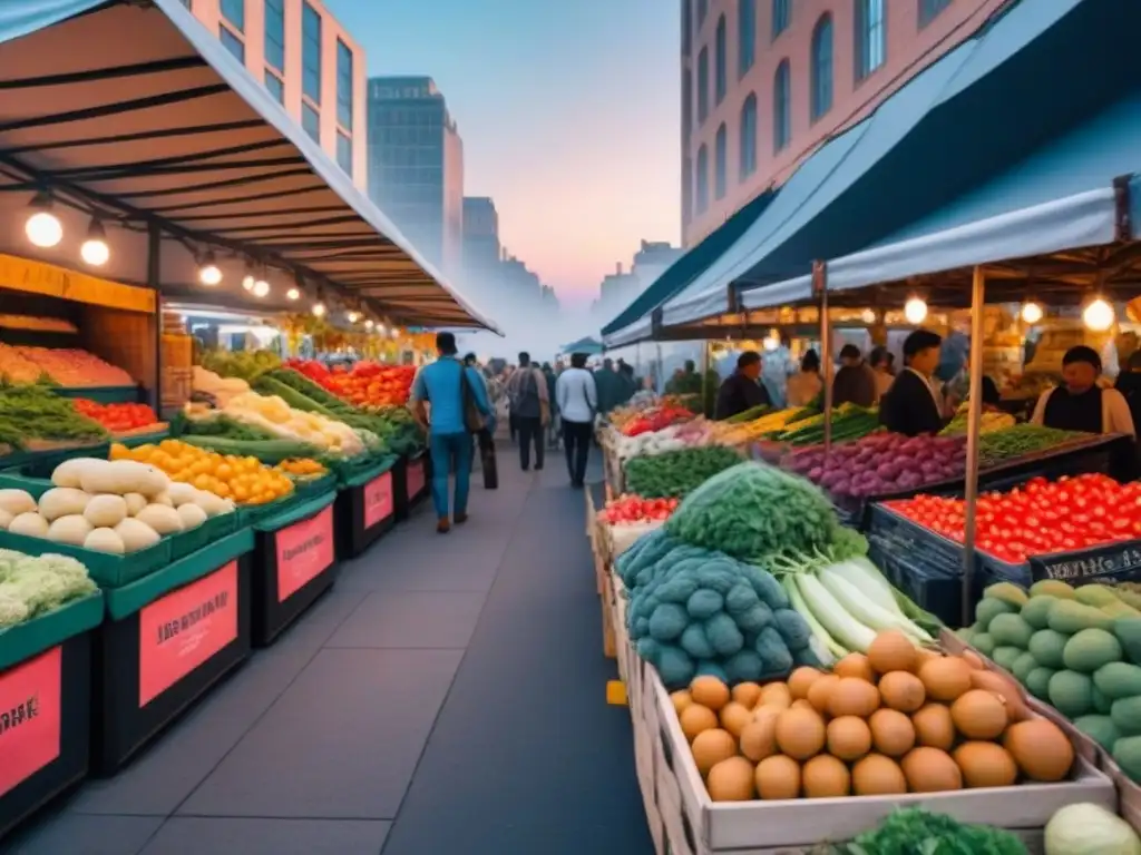 Un mercado urbano vibrante al atardecer, con rascacielos modernos iluminados y un bullicioso mercado lleno de frutas y verduras frescas