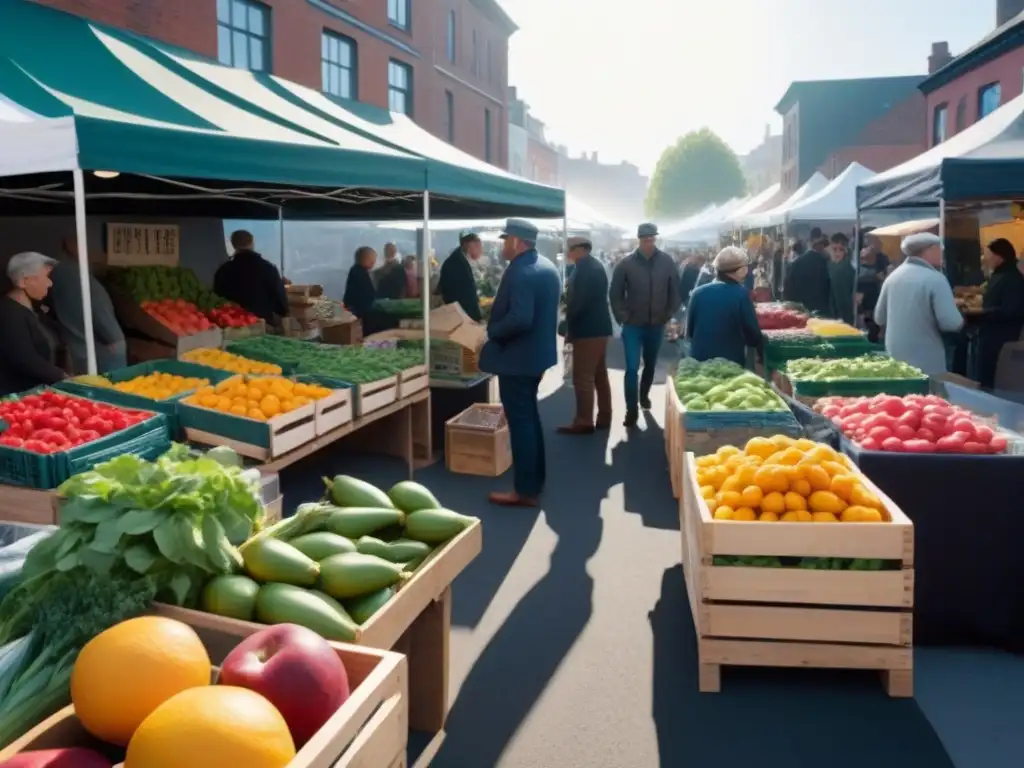 Mercado vibrante de agricultores con frutas y verduras de temporada