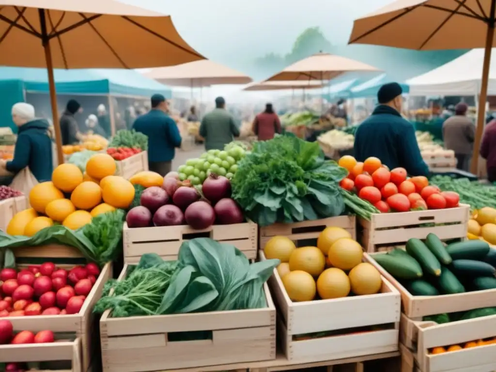 Un mercado agrícola vibrante y diverso, reflejando los beneficios de la alimentación zero waste