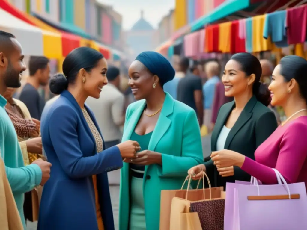 Un mercado vibrante donde personas de diferentes edades y etnias intercambian ropa de segunda mano, fomentando la economía circular moda segunda mano