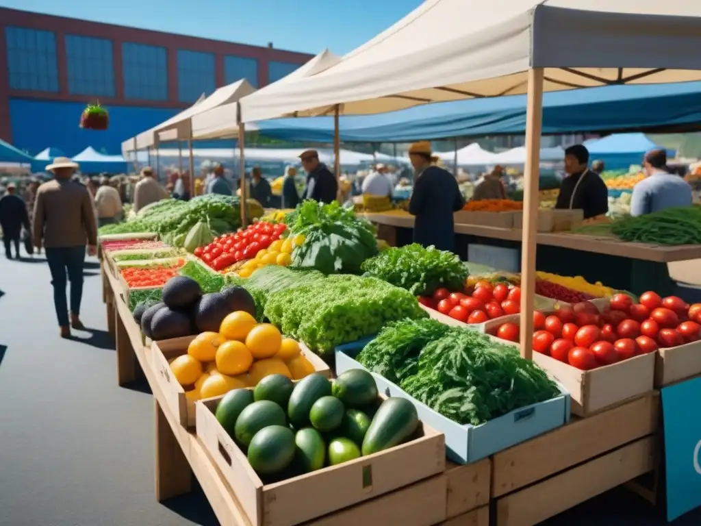 Un mercado agrícola vibrante con productos frescos y coloridos en stands de madera bajo el cielo azul