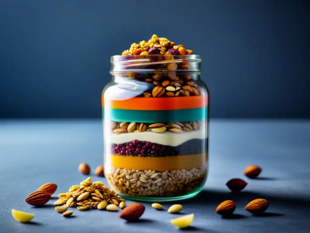 Meriendas Zero Waste Nutritivas Fáciles: Un frasco de vidrio con capas de frutos secos, semillas y granola, en un diseño minimalista