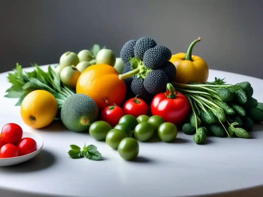 Una mesa blanca impecablemente arreglada con frutas y verduras vibrantes en un estilo minimalista