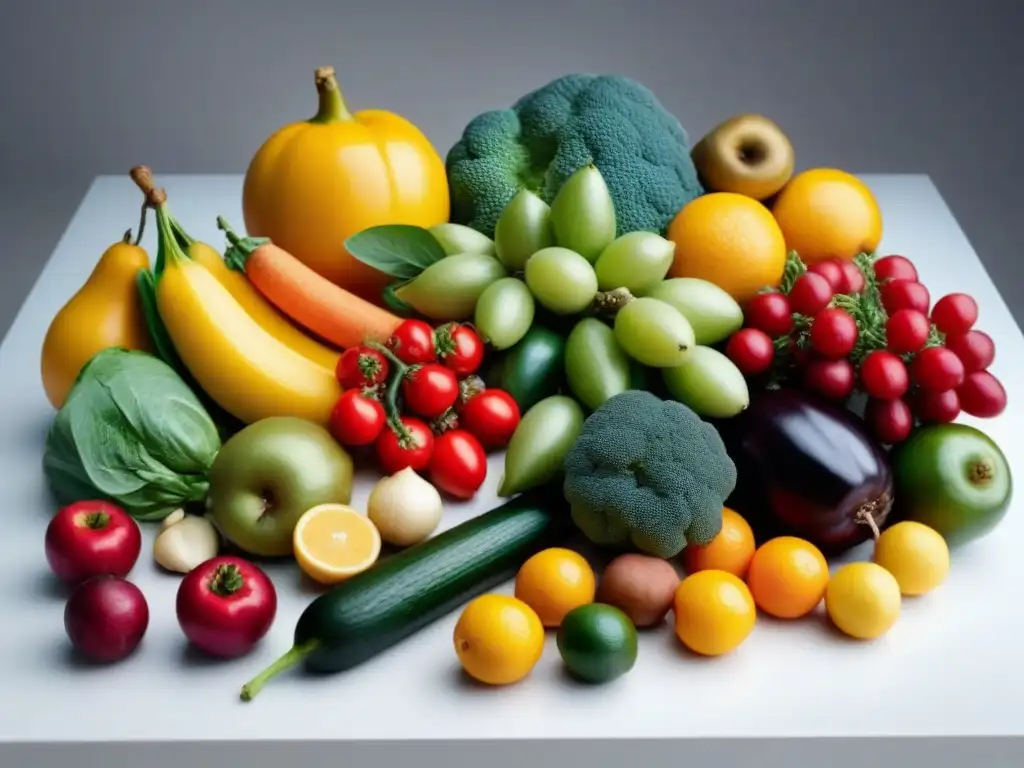 Una mesa blanca impecable con una exhibición simétrica de frutas y verduras coloridas, transmitiendo frescura y abundancia