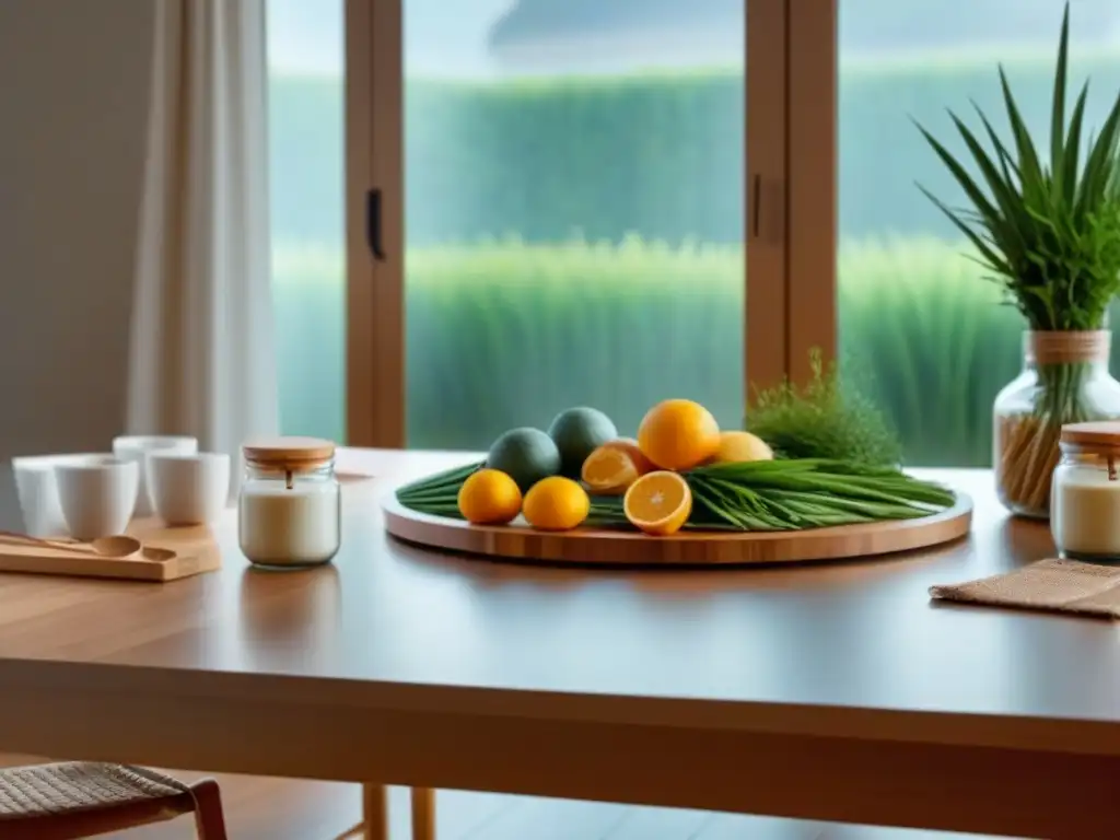 Una mesa circular blanca impecable con utensilios de cocina sostenibles, destellos de luz natural