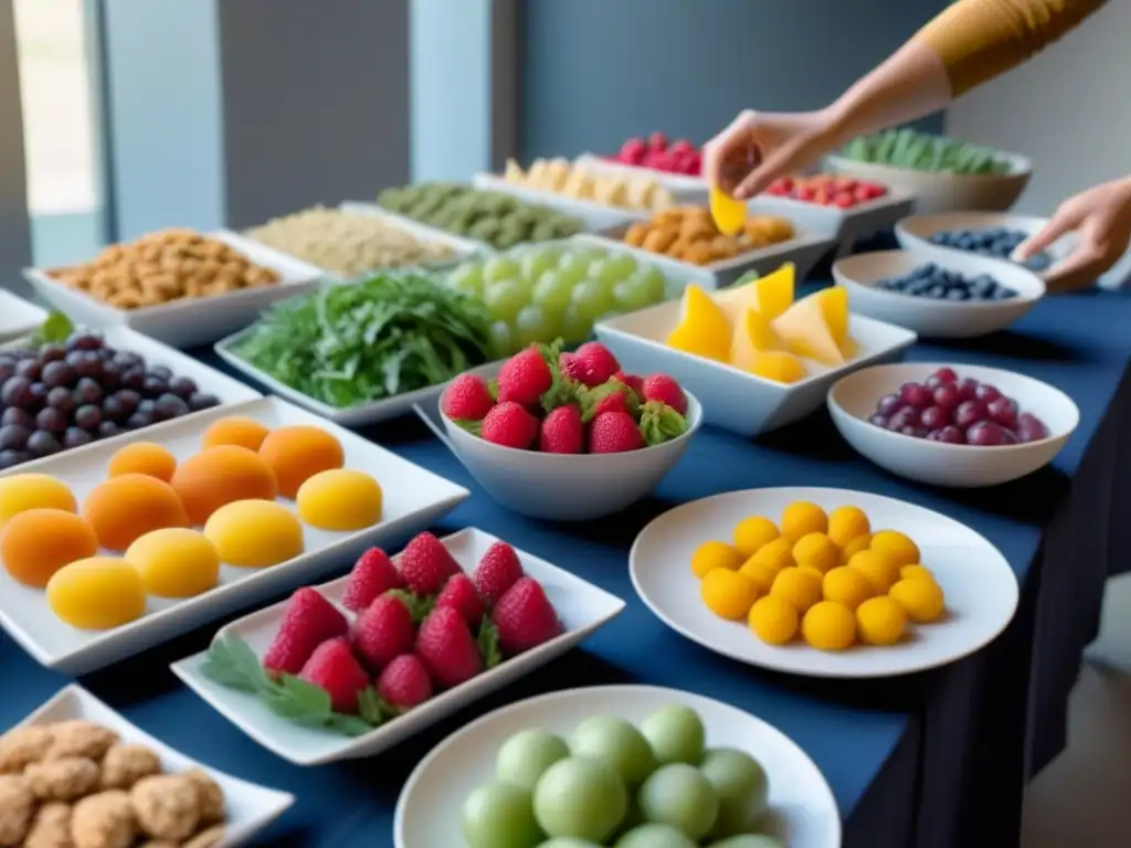 Una mesa de buffet sostenible zero waste con deliciosas opciones locales, decoración elegante y ambiente acogedor