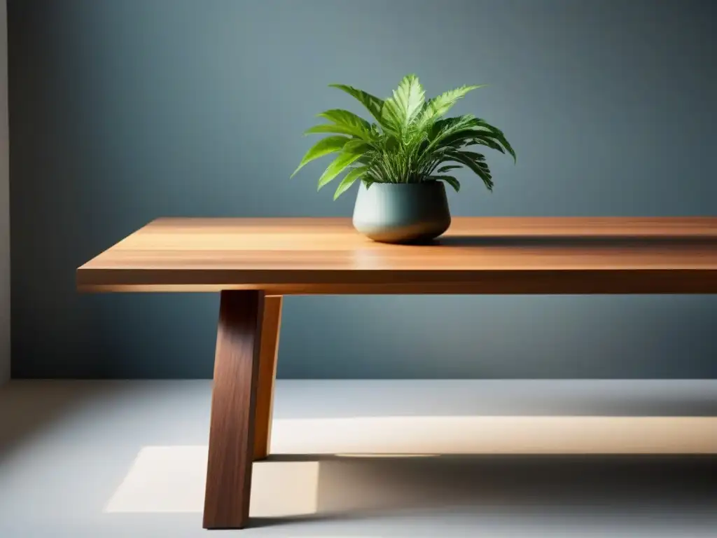 Mesa de comedor de madera minimalista con acabados ecológicos, iluminada por luz natural, decorada con una planta elegante