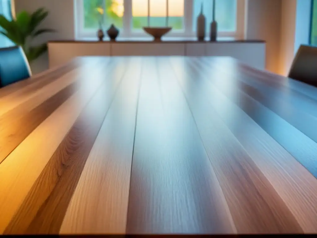 Una mesa de comedor de madera recuperada, detallada y hermosa, bañada en luz natural