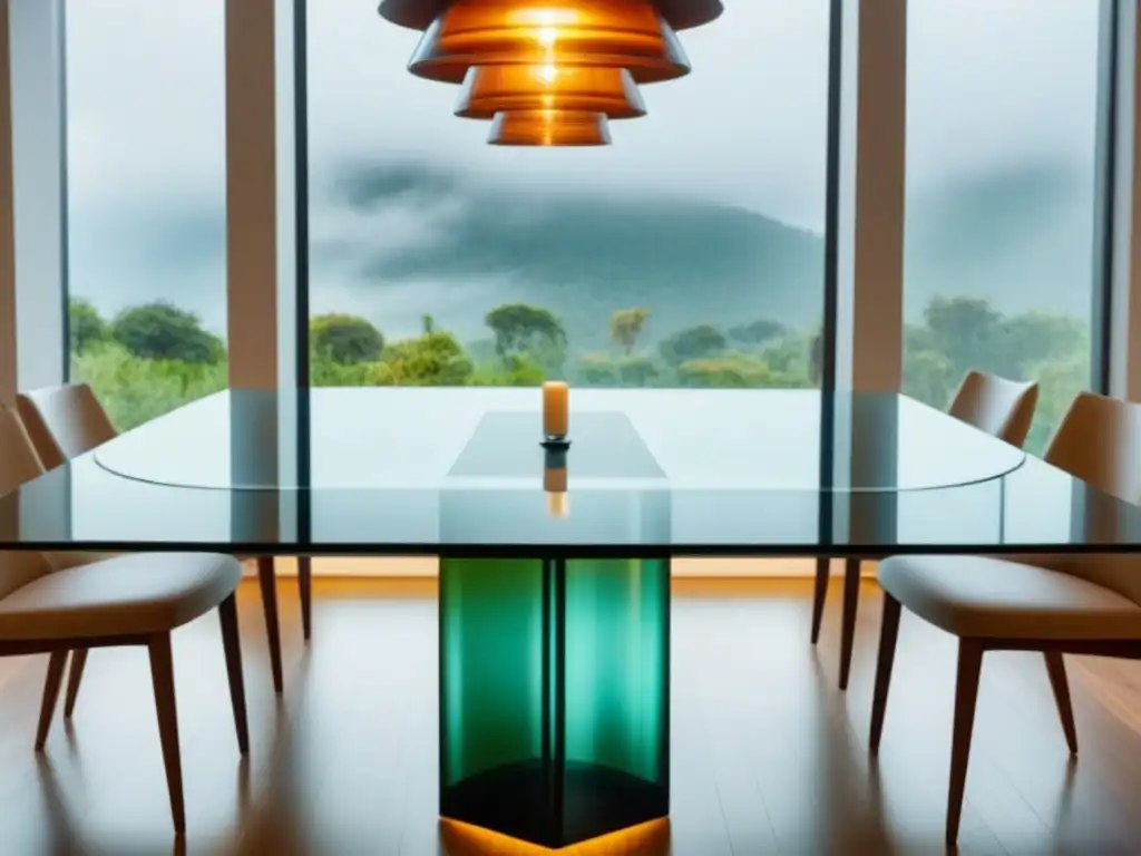 Una mesa de comedor moderna y elegante hecha de vidrio reciclado, reflejando la luz natural