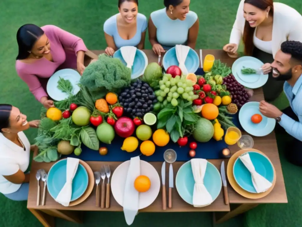 Una mesa comunitaria al aire libre con alimentos sostenibles, rodeada de vegetación y luces