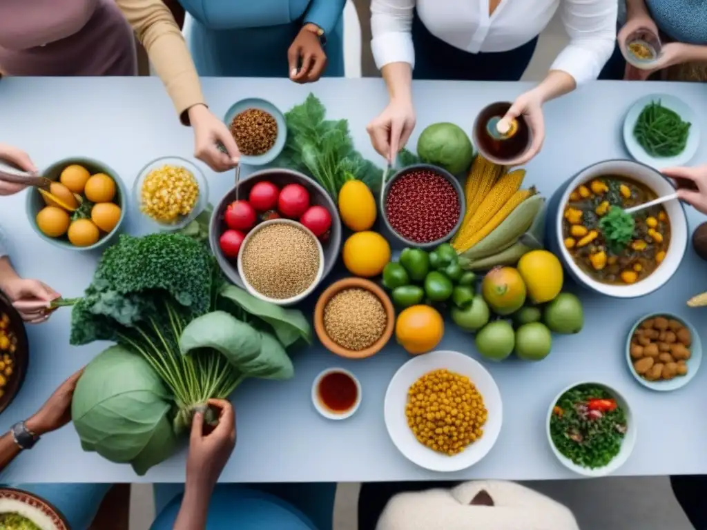 Una mesa comunitaria con comida rescatada, personas de diversidad, compartiendo y reduciendo desperdicio alimentario estrategias