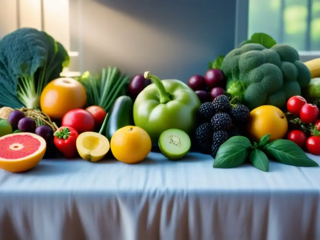 Mesa decorada con frutas y verduras coloridas, frescas y vibrantes, en armonía para una planificación menús zero waste