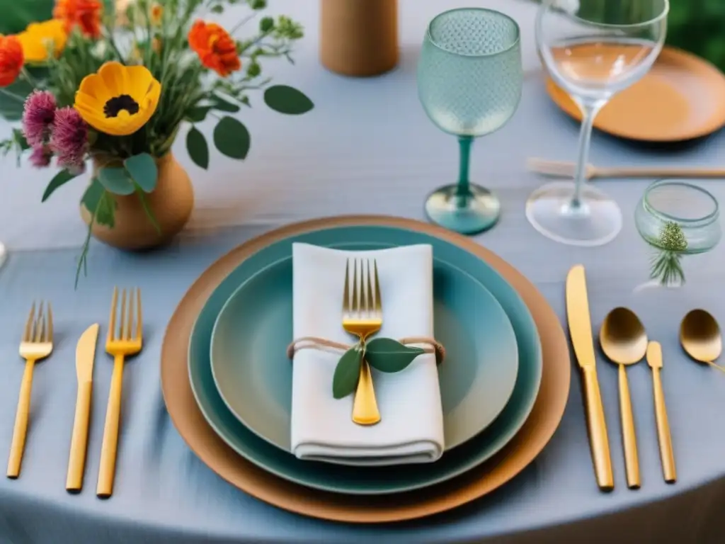 Una mesa elegante y detallada para fiestas sostenibles sin desperdicio, con vajilla y decoración reutilizable en armonía con la naturaleza