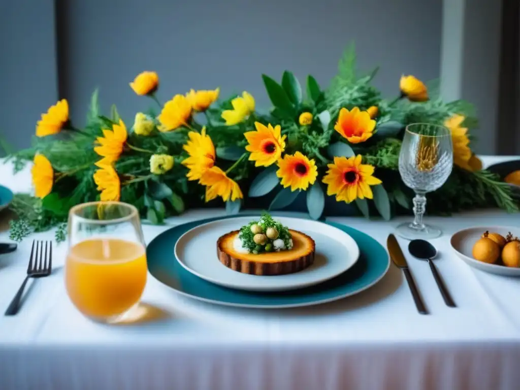 Mesa elegante con platos y bebidas plantbased zero waste, decorada con flores frescas