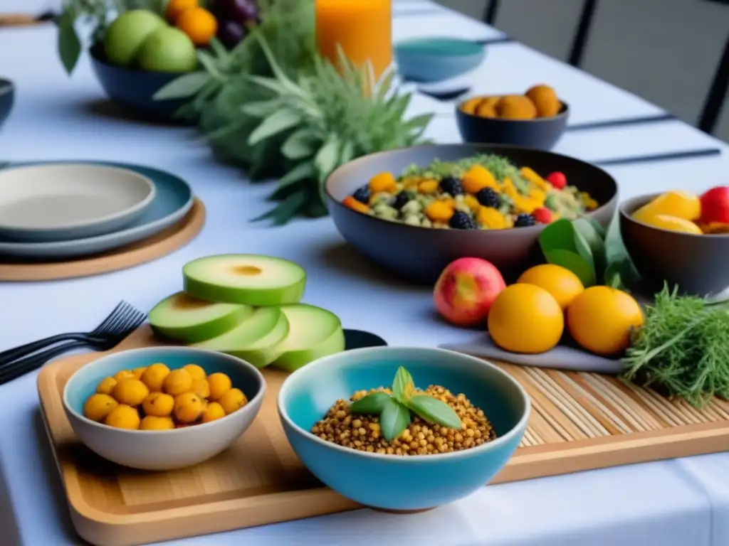 Una mesa elegante con platos plantbased coloridos y utensilios ecofriendly