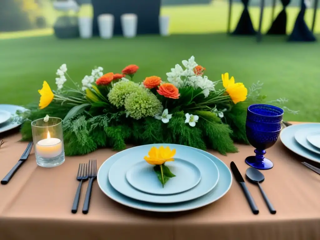 Una mesa elegante y sostenible en un evento al aire libre, decorada con flores frescas y elementos ecofriendly