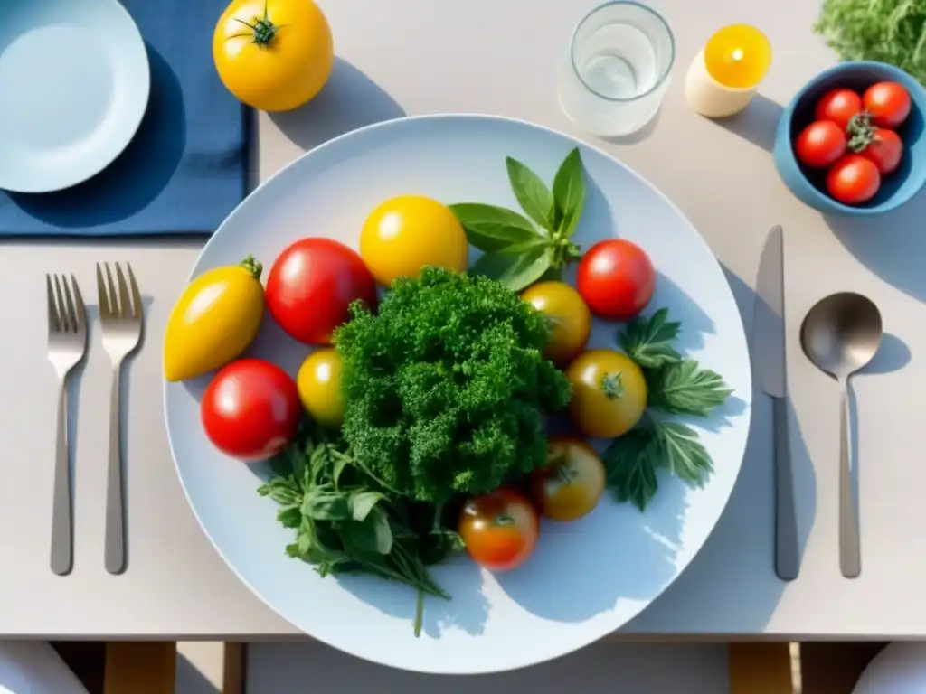 Una mesa elegante con vajilla sostenible y alimentos frescos, iluminada con luz natural