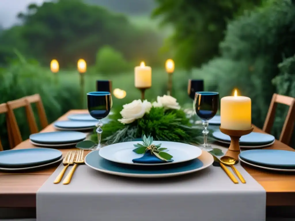 Mesa de evento al aire libre elegante y sostenible con vajilla reutilizable y decoración floral en tonos tierra, rodeada de vegetación y velas suaves