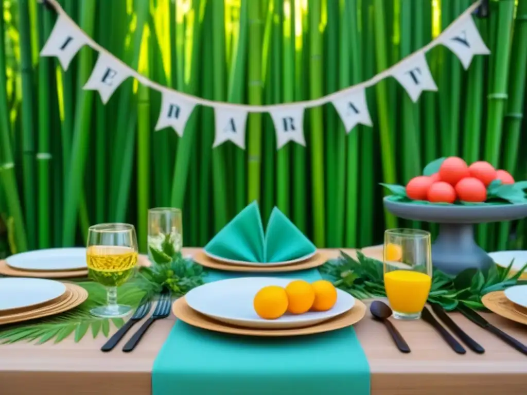 Una mesa de fiesta decorada con suministros ecológicos, rodeada de vegetación