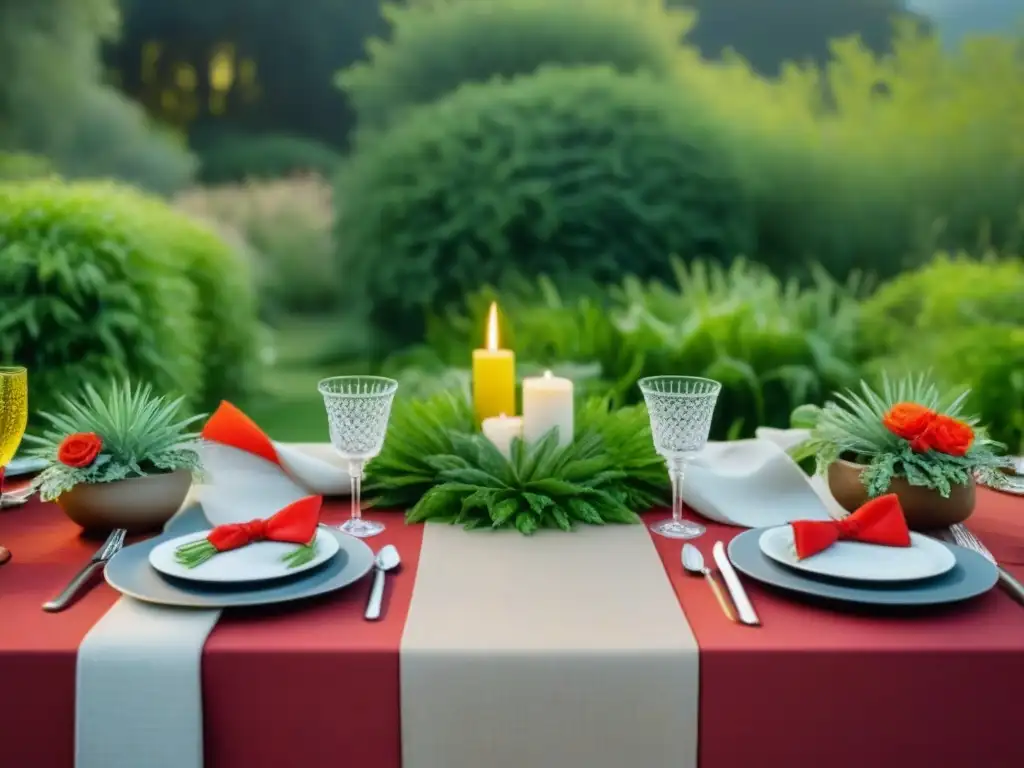 Mesa de fiesta elegante con suministros Zero Waste en un jardín verde