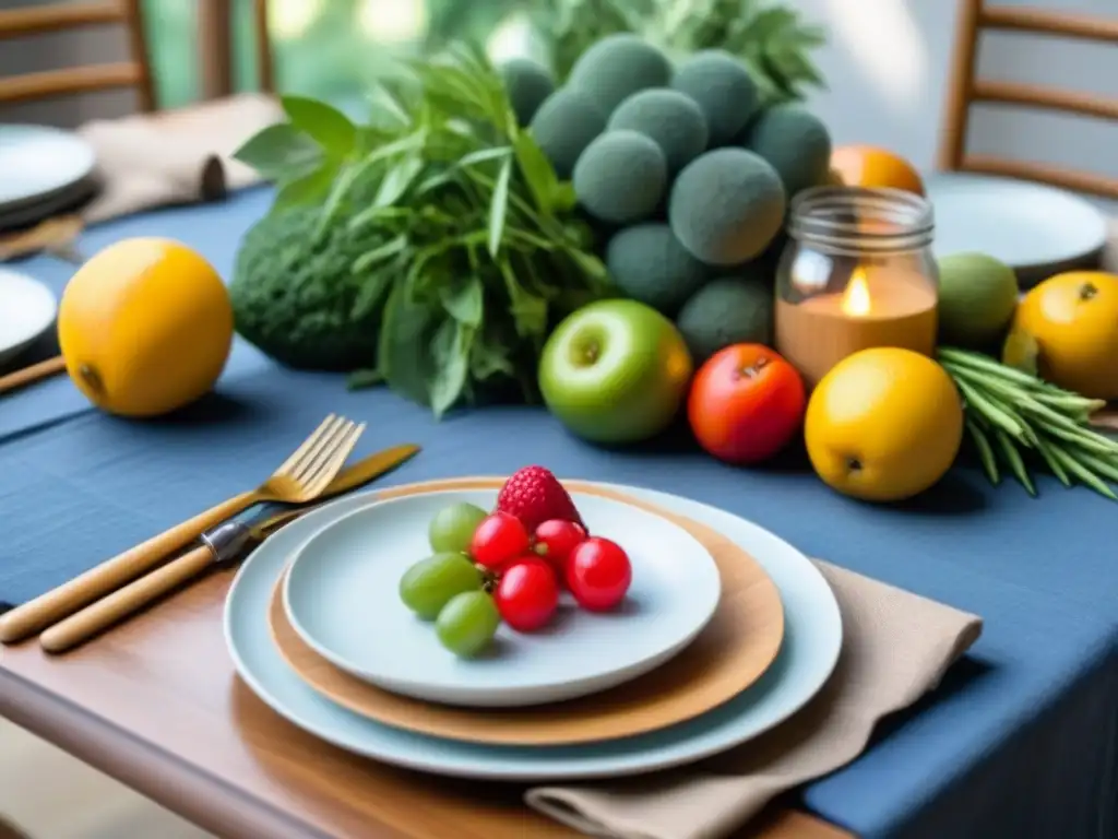 Una mesa de fiesta Zero Waste con vajilla de bambú, frutas frescas y verduras